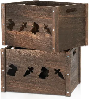 Wooden Crates 2 Pack, Hollow Wooden Crates for Display, Farmhouse Handmade Wood Crate with Handles, Rustic Durable Wooden Crates for Storage, Large Decorative Wooden Crate Box for Display