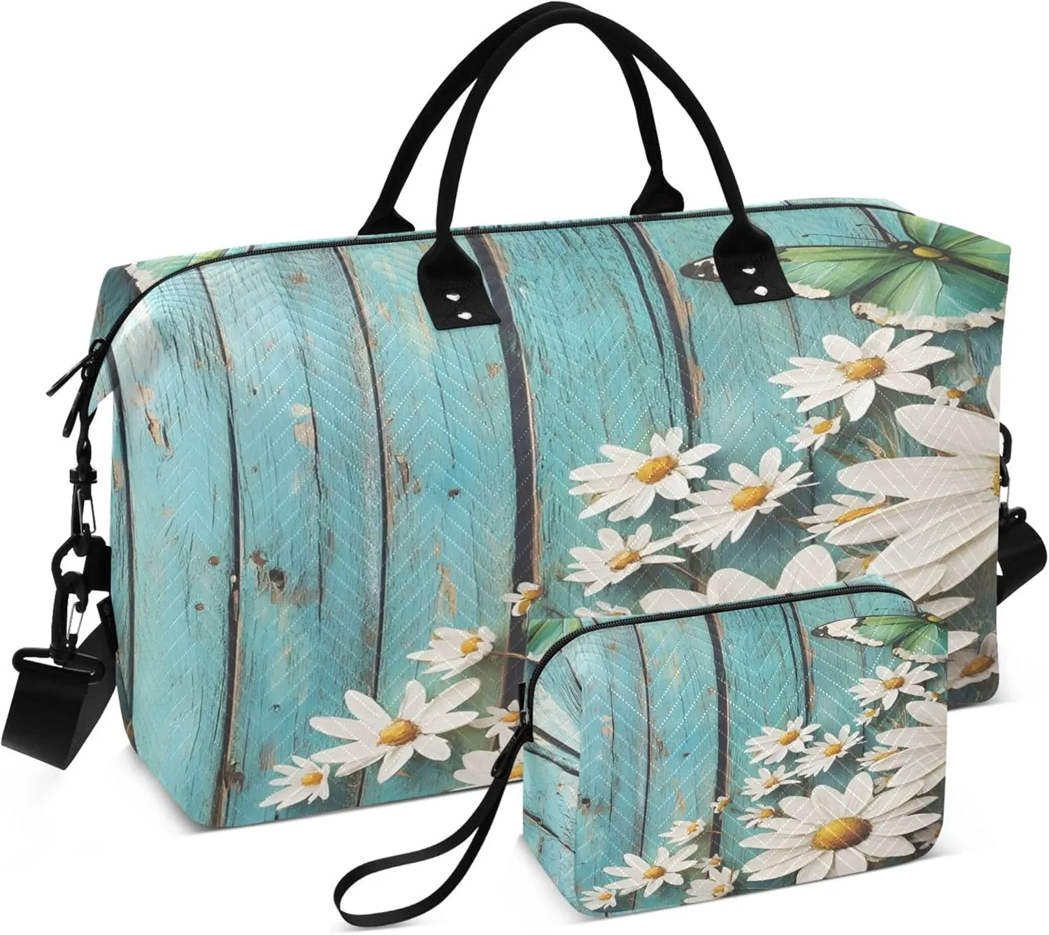 Wooden Daisies Butterfly Travel Duffel Bags Carry on Weekender Overnight Bag Large for Airplane with Toiletry Bag for Men Women