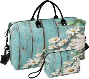 Wooden Daisies Butterfly Travel Duffel Bags Carry on Weekender Overnight Bag Large for Airplane with Toiletry Bag for Men Women