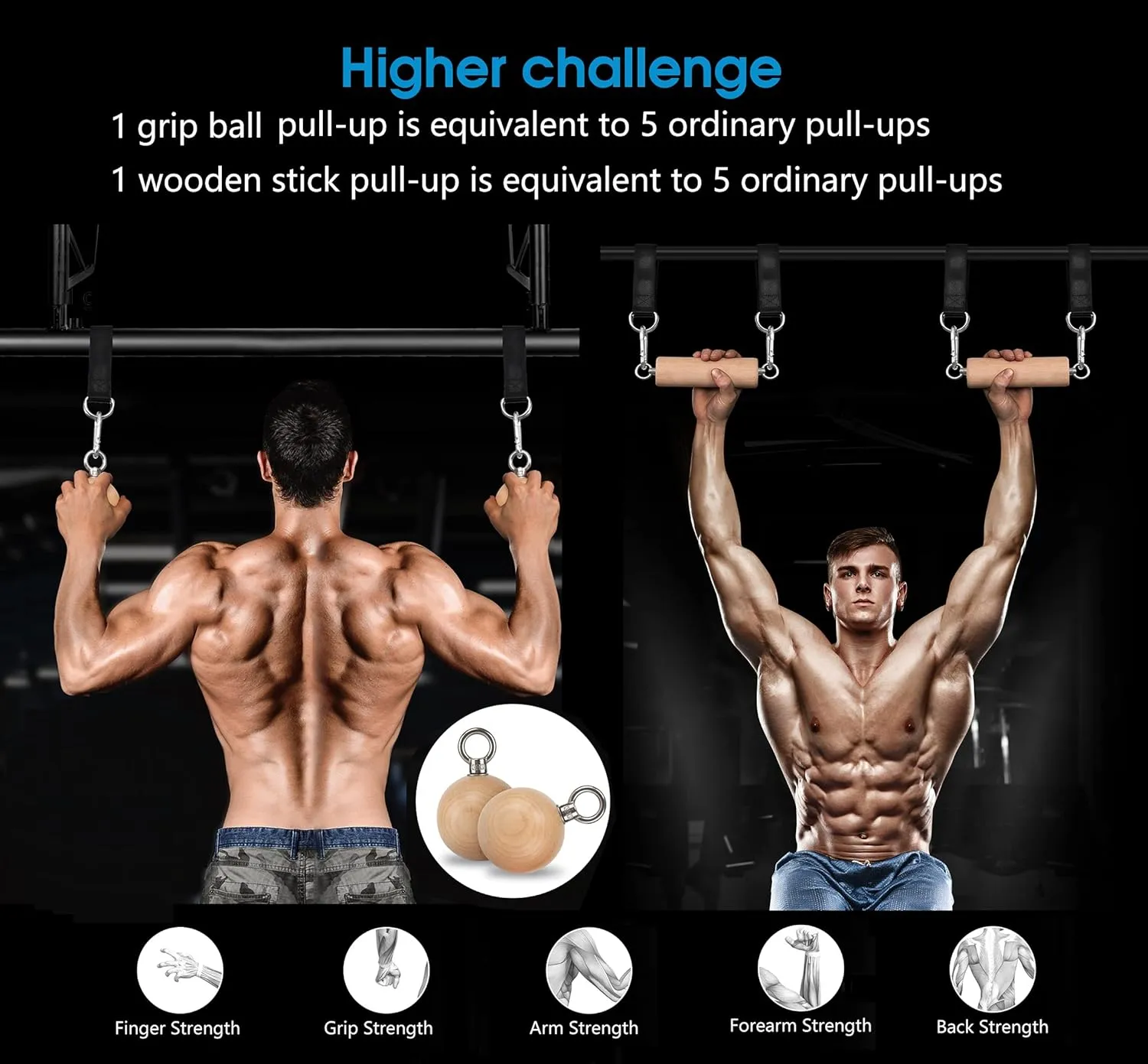 Wooden Pull Up Grips and Balls, Atomic Rock Climbing Holds Training Set,Grip Strength Trainer,Ninja Warrior Obstacle Course Handles and Rope.Suit(L/XL Ball(L/XL)