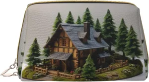 Wooden Rustic Log Cottage Scenery Printed Small Makeup Bag,Travel Cosmetic Bag Purse with Zipper,Water-resistant Makeup Organizer Bag for Women