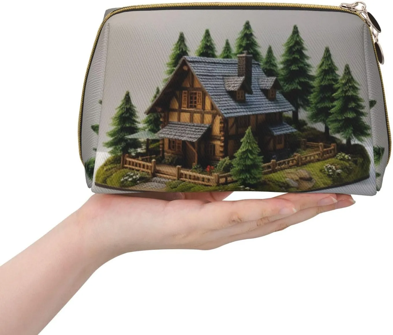 Wooden Rustic Log Cottage Scenery Printed Small Makeup Bag,Travel Cosmetic Bag Purse with Zipper,Water-resistant Makeup Organizer Bag for Women