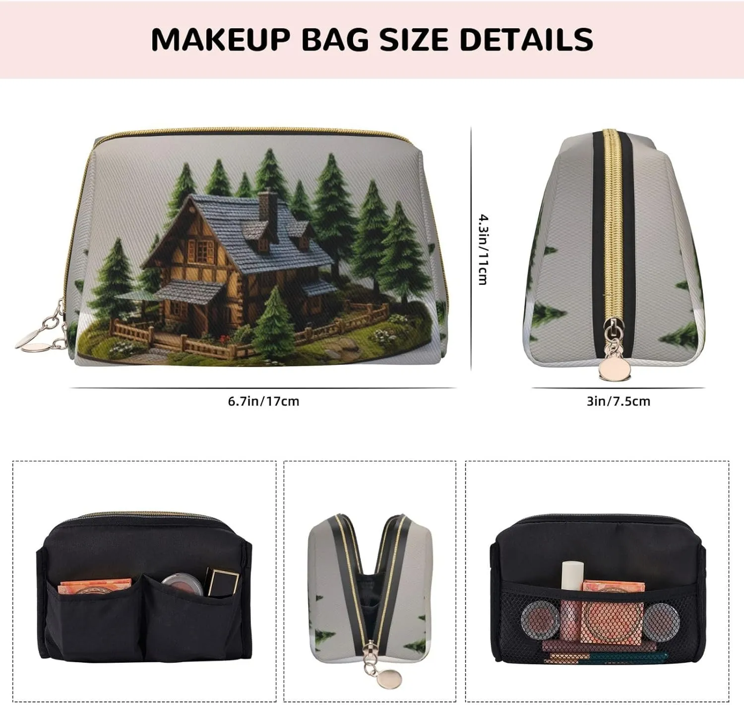 Wooden Rustic Log Cottage Scenery Printed Small Makeup Bag,Travel Cosmetic Bag Purse with Zipper,Water-resistant Makeup Organizer Bag for Women