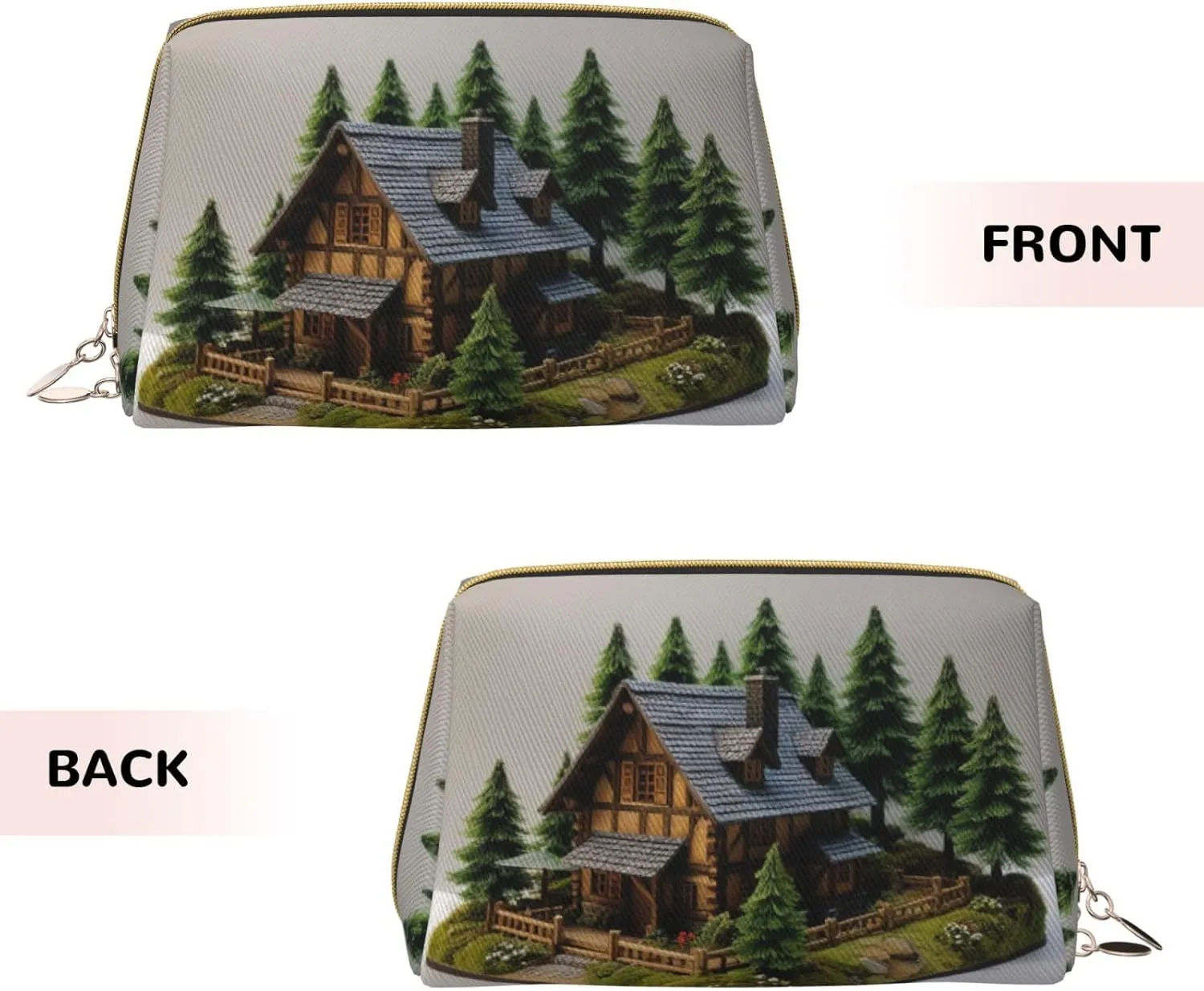 Wooden Rustic Log Cottage Scenery Printed Small Makeup Bag,Travel Cosmetic Bag Purse with Zipper,Water-resistant Makeup Organizer Bag for Women