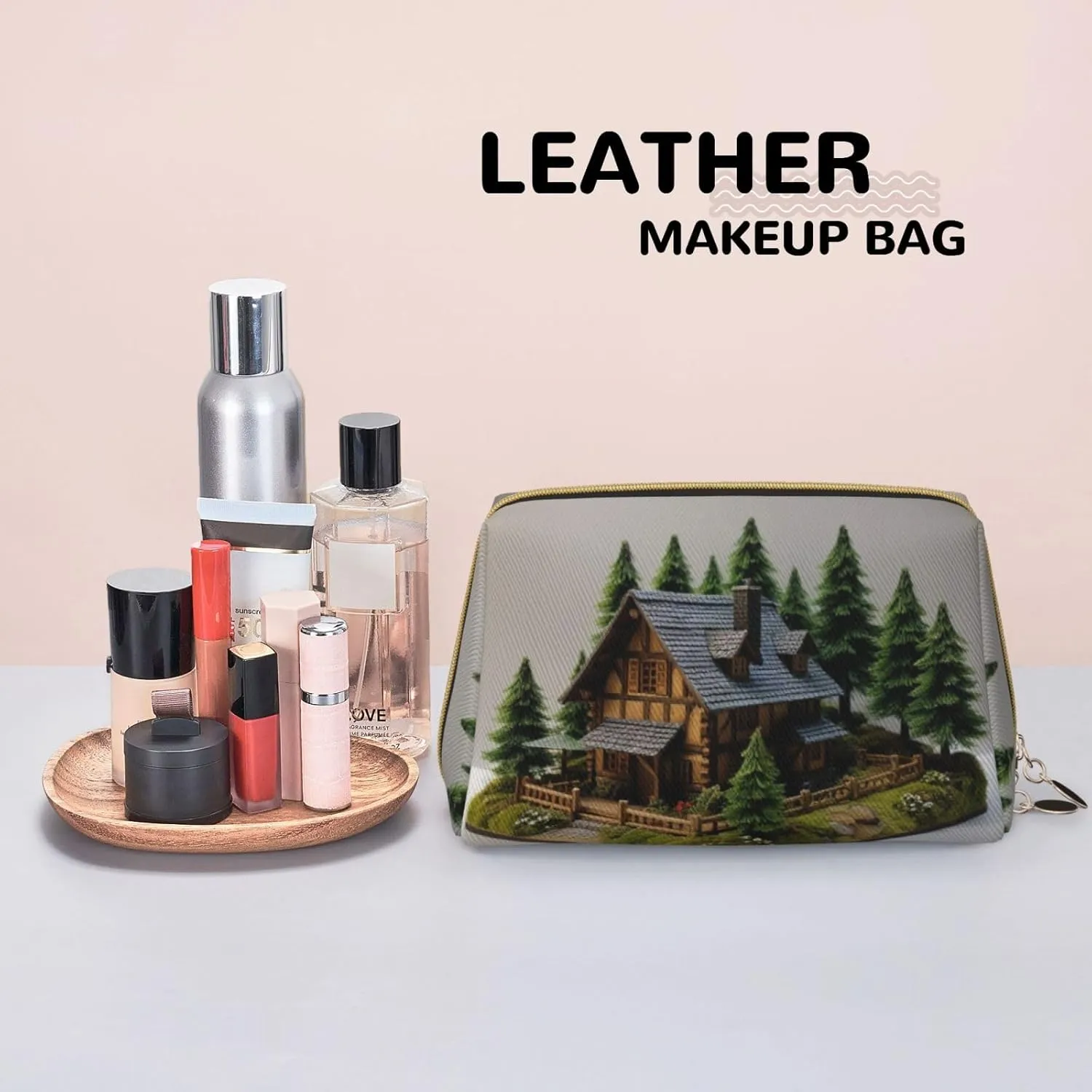 Wooden Rustic Log Cottage Scenery Printed Small Makeup Bag,Travel Cosmetic Bag Purse with Zipper,Water-resistant Makeup Organizer Bag for Women