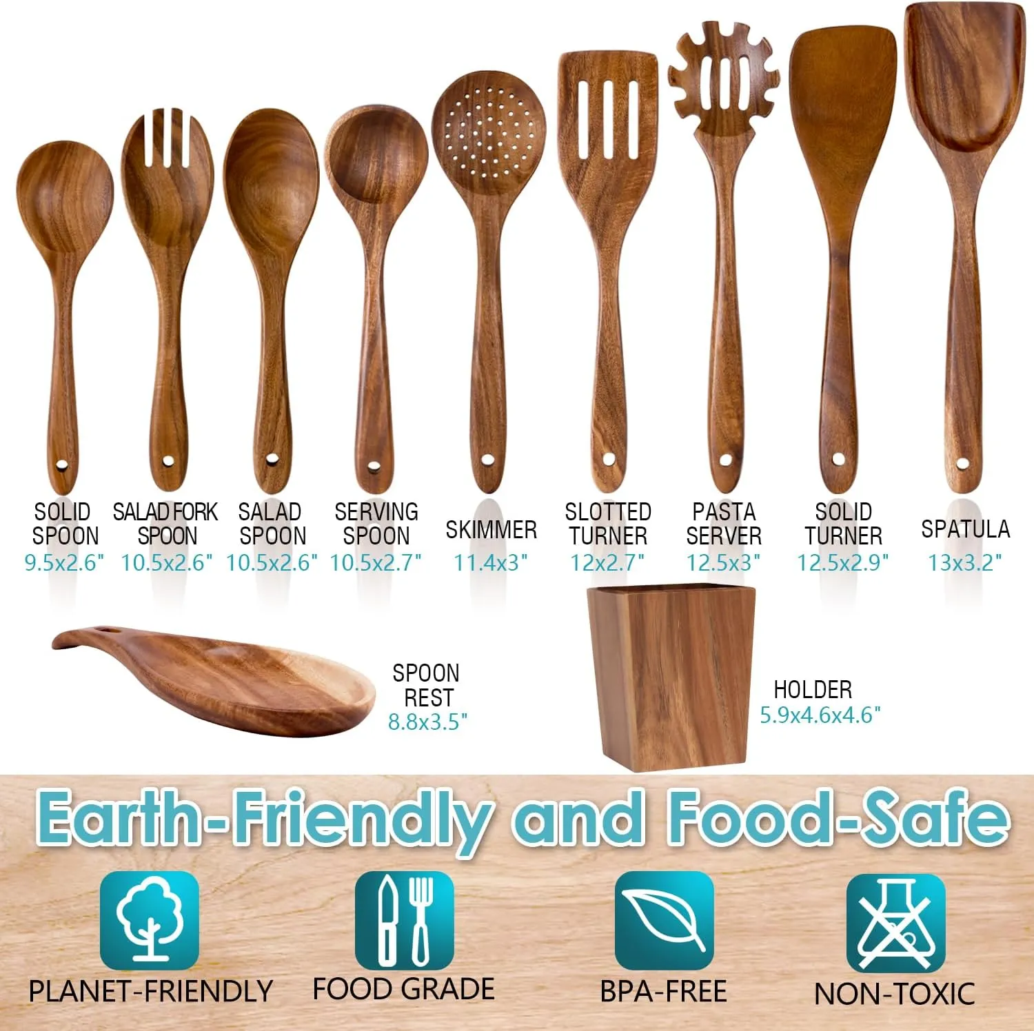 Wooden Spoons for Cooking, Acacia Wood Cooking Utensils Set – 11 Piece Wooden Kitchen Tools with Holder, Spoon Rest, Nonstick Cookware Safe by HOWHONG