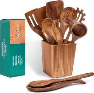 Wooden Spoons for Cooking, Acacia Wood Cooking Utensils Set – 11 Piece Wooden Kitchen Tools with Holder, Spoon Rest, Nonstick Cookware Safe by HOWHONG