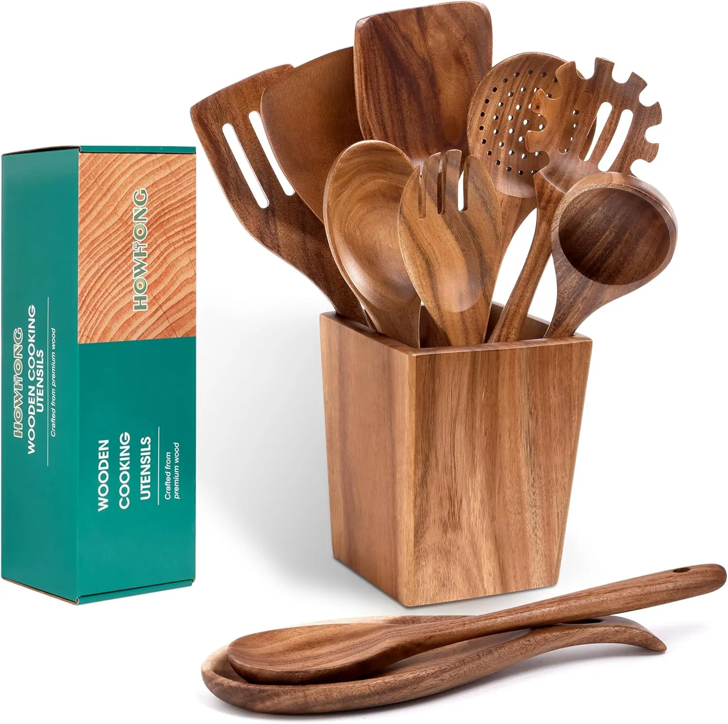 Wooden Spoons for Cooking, Acacia Wood Cooking Utensils Set – 11 Piece Wooden Kitchen Tools with Holder, Spoon Rest, Nonstick Cookware Safe by HOWHONG