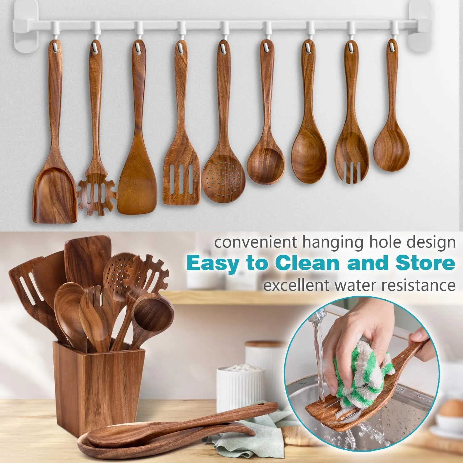Wooden Spoons for Cooking, Acacia Wood Cooking Utensils Set – 11 Piece Wooden Kitchen Tools with Holder, Spoon Rest, Nonstick Cookware Safe by HOWHONG