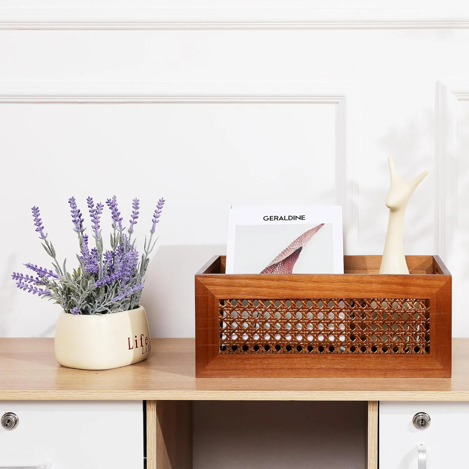 Wooden Storage Basket Set of 4 Handmade Rattan Drawer Storage Box with Frame & Handles Decorative Natural Bamboo Woven Bins Rustic Farmhouse Decor Home Office Tabletop Shelf Organizer
