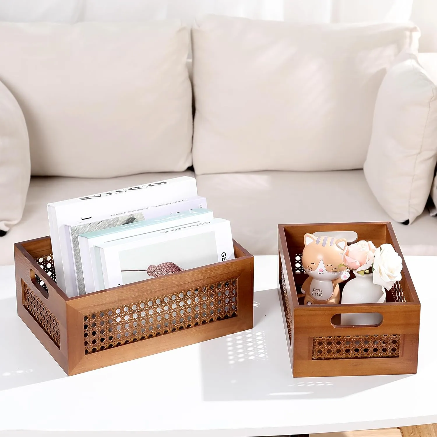 Wooden Storage Basket Set of 4 Handmade Rattan Drawer Storage Box with Frame & Handles Decorative Natural Bamboo Woven Bins Rustic Farmhouse Decor Home Office Tabletop Shelf Organizer
