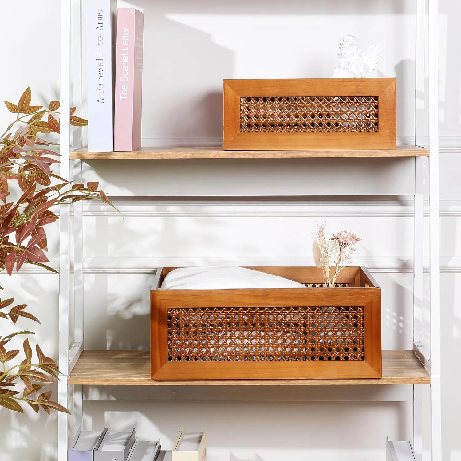Wooden Storage Basket Set of 4 Handmade Rattan Drawer Storage Box with Frame & Handles Decorative Natural Bamboo Woven Bins Rustic Farmhouse Decor Home Office Tabletop Shelf Organizer