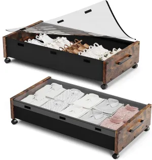 Wooden Under Bed Storage with Wheels, Rolling Under the Bed Storage Bins with Removable Lid, Metal Under Bed Drawers for Clothes and Shoes in Bedroom or Living Room(Vintage Brown-2pack)