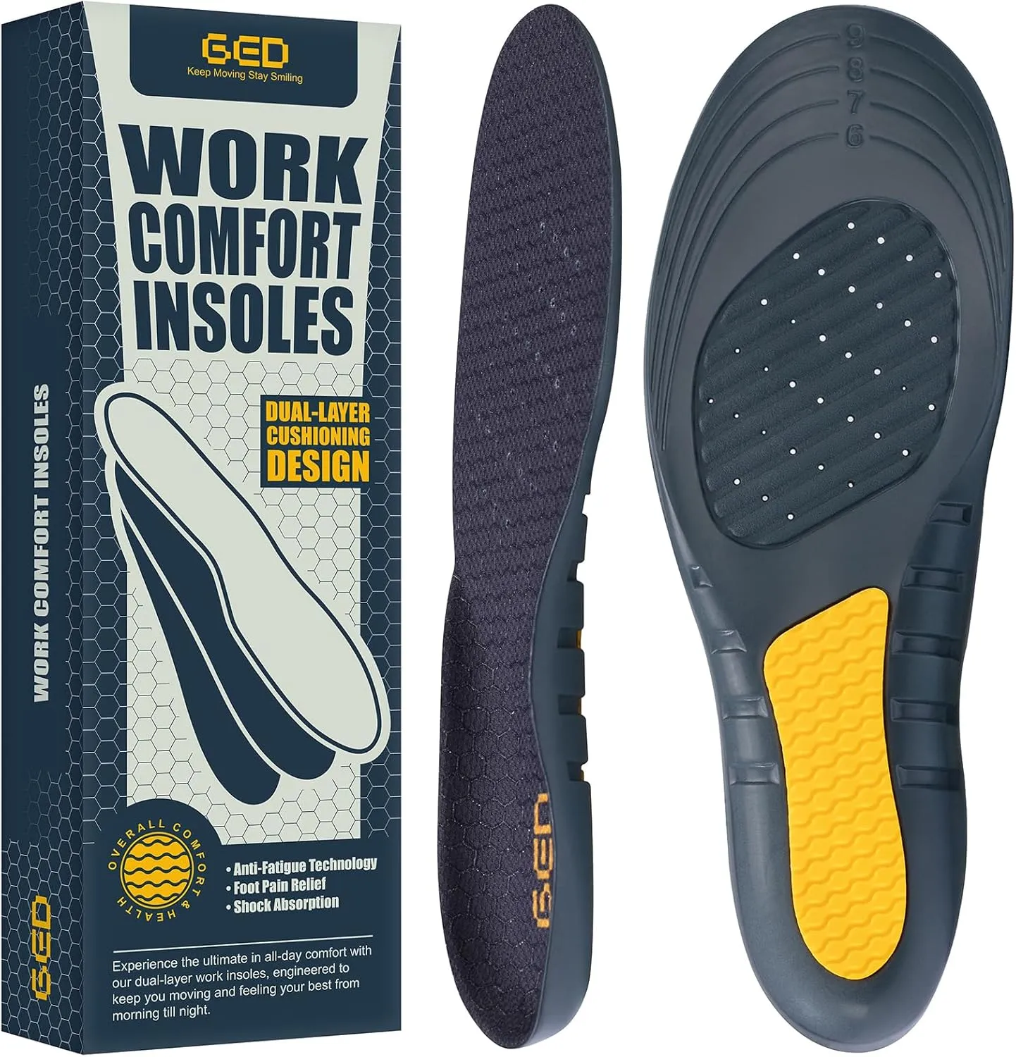 Work Comfort Insoles for Women - GED Inserts, Plantar Fasciitis Relief, Shock Absorption, Anti Fatigue, Arch Support - Orthotic Inserts for Work Boots & Shoes, Standing All Day(US 6-10)