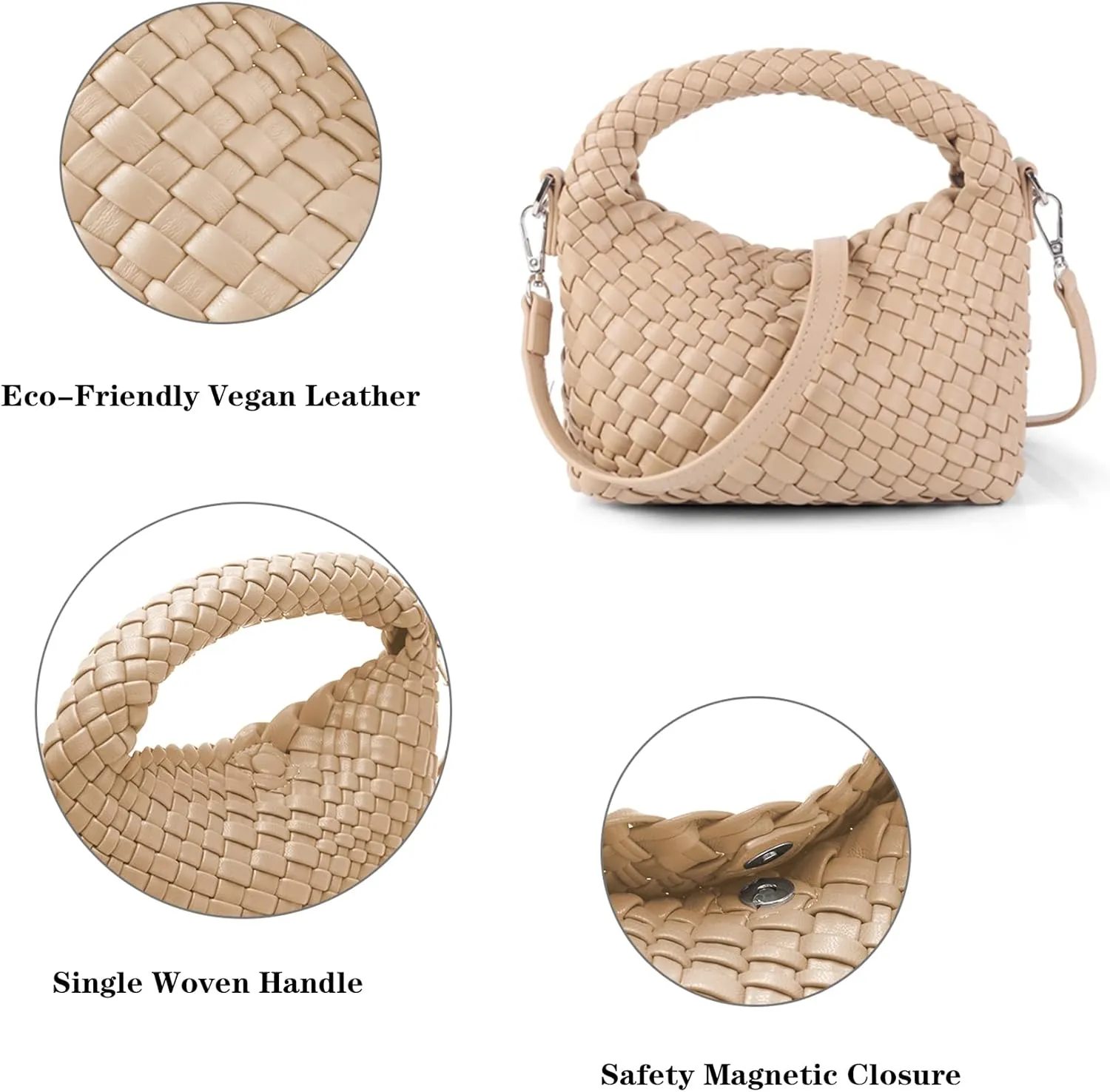 Woven Purse For Women, Small Crossbody Tote Bag with Detachable Shoulder Strap, Girls Top Handle Handbag