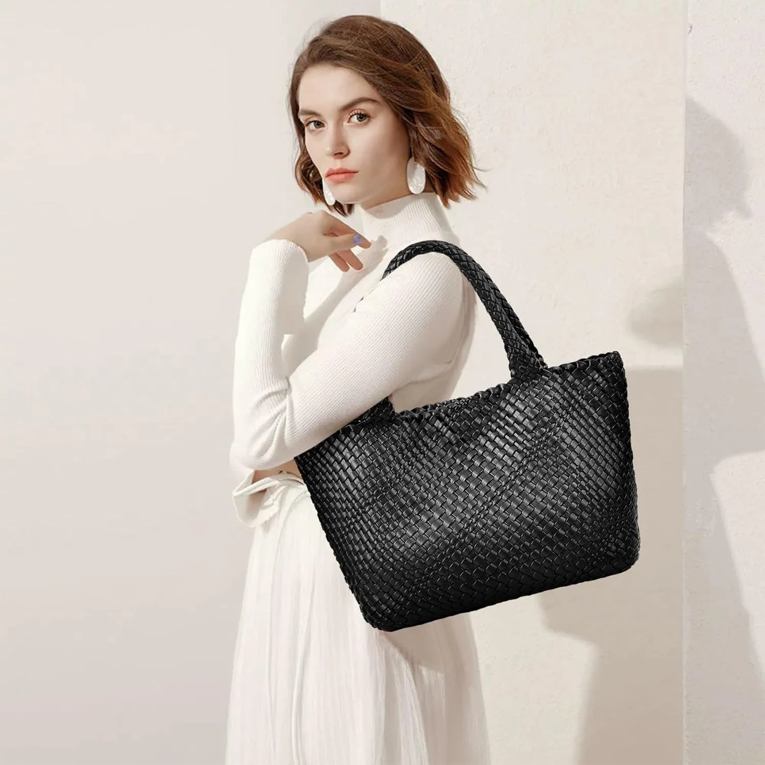 Woven Shoulder Bag for Women, Fashion Top Handle Soft Vegan Leather Shopper
