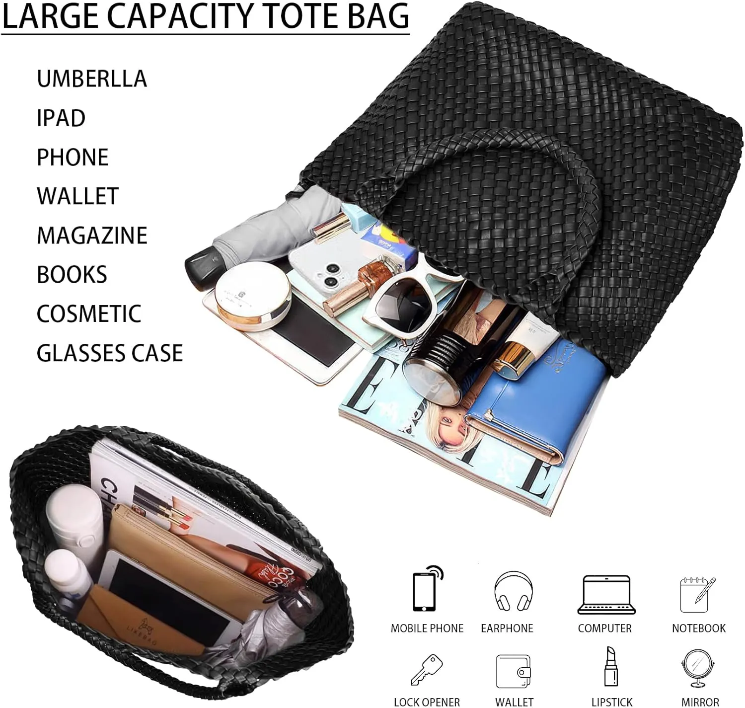 Woven Shoulder Bag for Women, Fashion Top Handle Soft Vegan Leather Shopper
