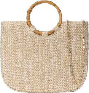 Woven Straw Handbag Wooden Round Bamboo Top Handle Tote Bag Women Beach Purse 2025 Summer Chain Shoulder Strap Cross Body