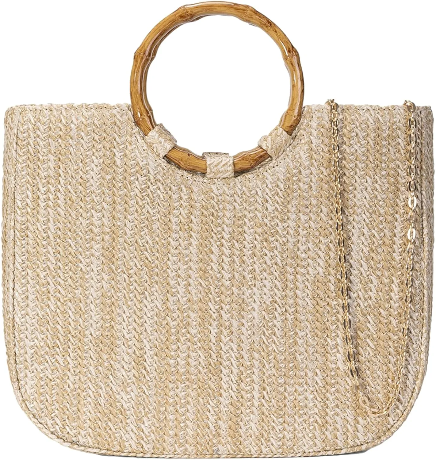 Woven Straw Handbag Wooden Round Bamboo Top Handle Tote Bag Women Beach Purse 2025 Summer Chain Shoulder Strap Cross Body