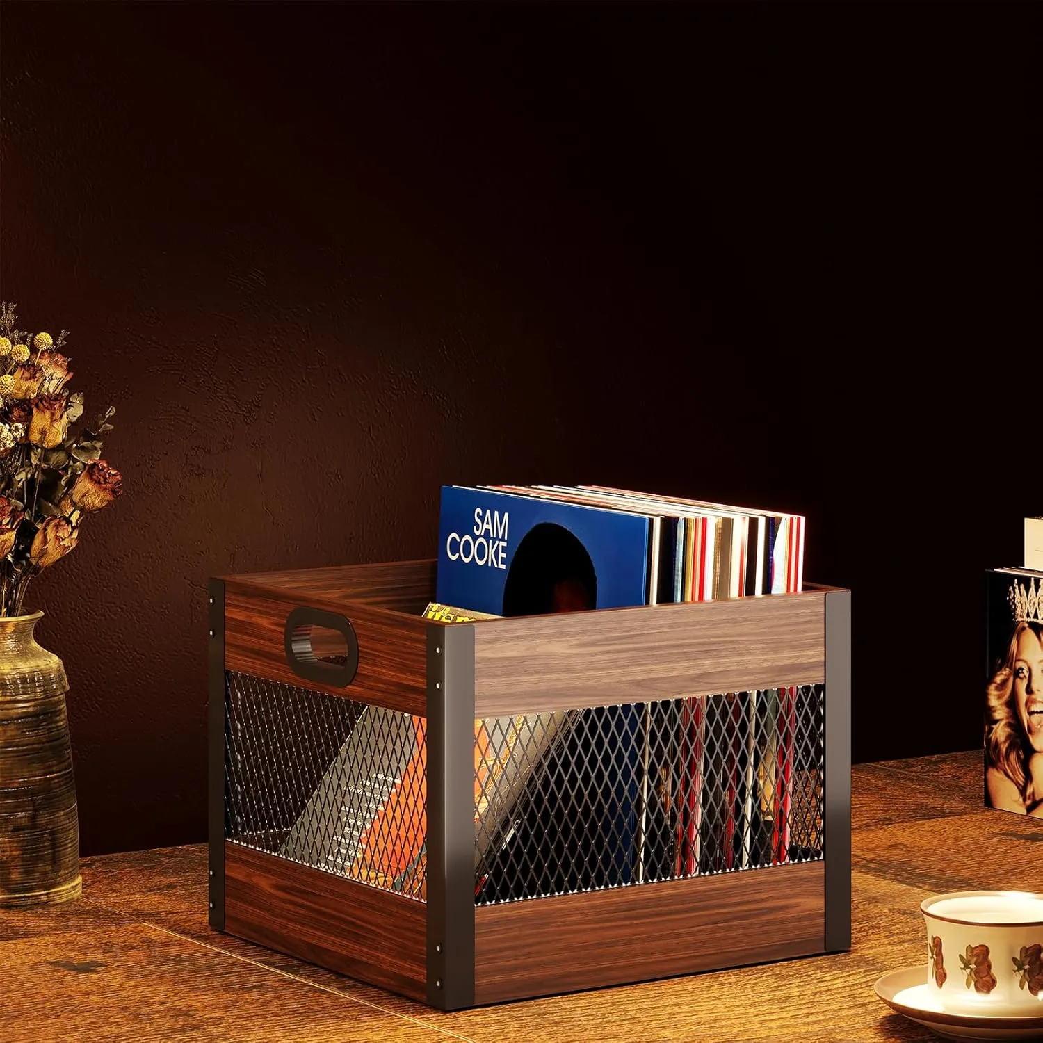 X-cosrack Vinyl Record Storage Crate, Wooden LP Album Shelf Vinyl Storage Cube Organizer Box