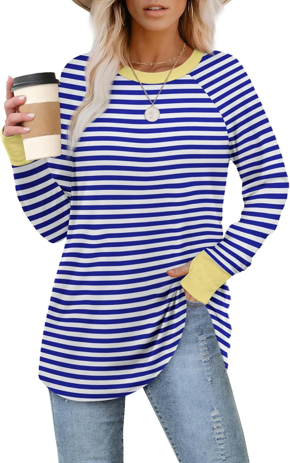 XIEERDUO Womens Tunic Tops to Wear with Leggings Long Sleeve Thumb Hole Shirts Crew Neck Curved Hem