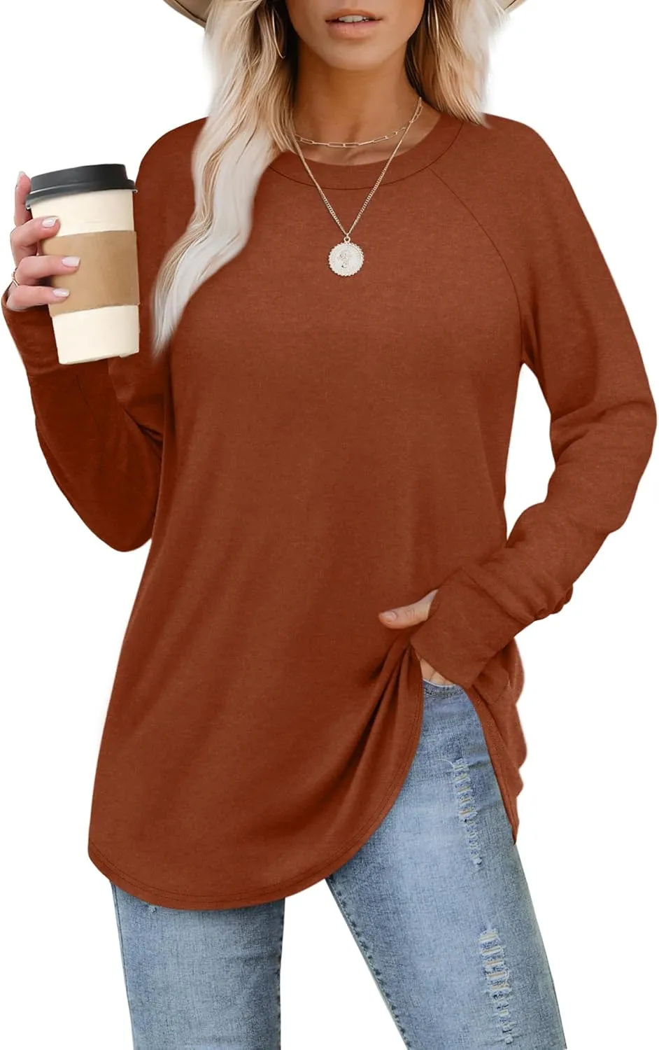 XIEERDUO Womens Tunic Tops to Wear with Leggings Long Sleeve Thumb Hole Shirts Crew Neck Curved Hem