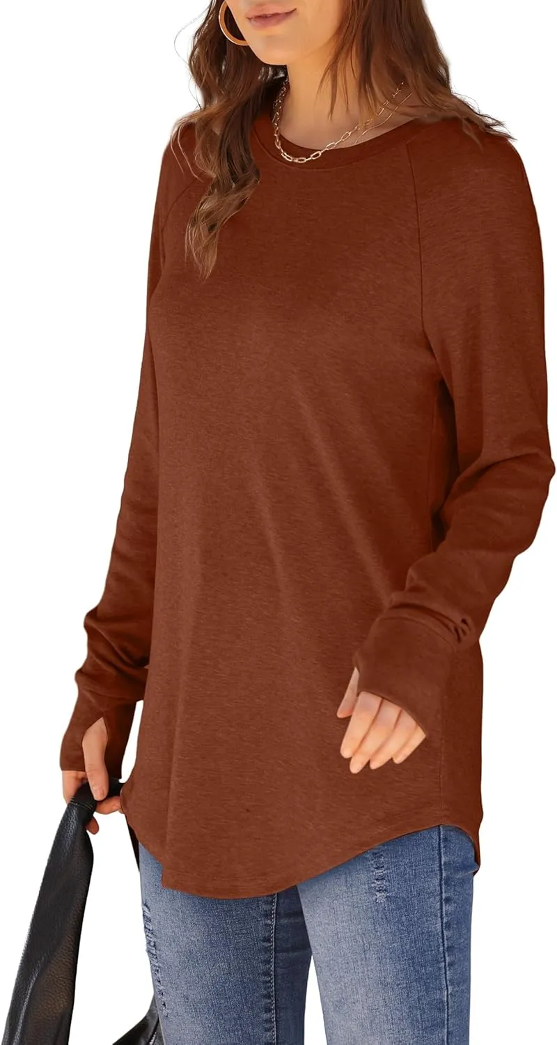 XIEERDUO Womens Tunic Tops to Wear with Leggings Long Sleeve Thumb Hole Shirts Crew Neck Curved Hem