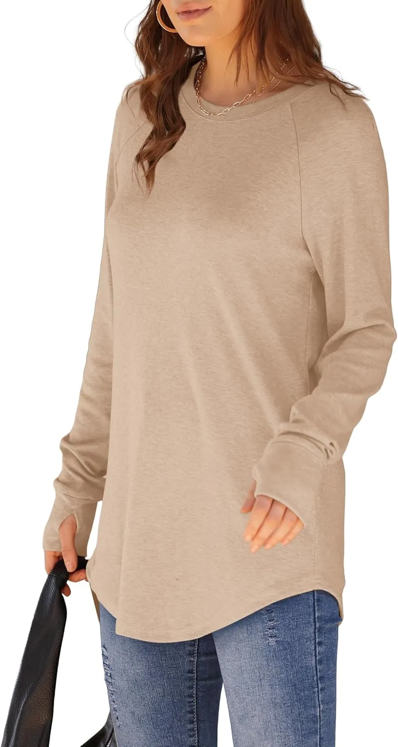 XIEERDUO Womens Tunic Tops to Wear with Leggings Long Sleeve Thumb Hole Shirts Crew Neck Curved Hem