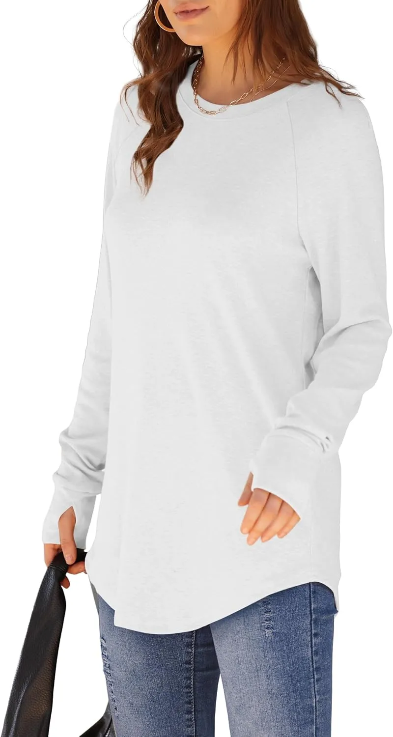XIEERDUO Womens Tunic Tops to Wear with Leggings Long Sleeve Thumb Hole Shirts Crew Neck Curved Hem