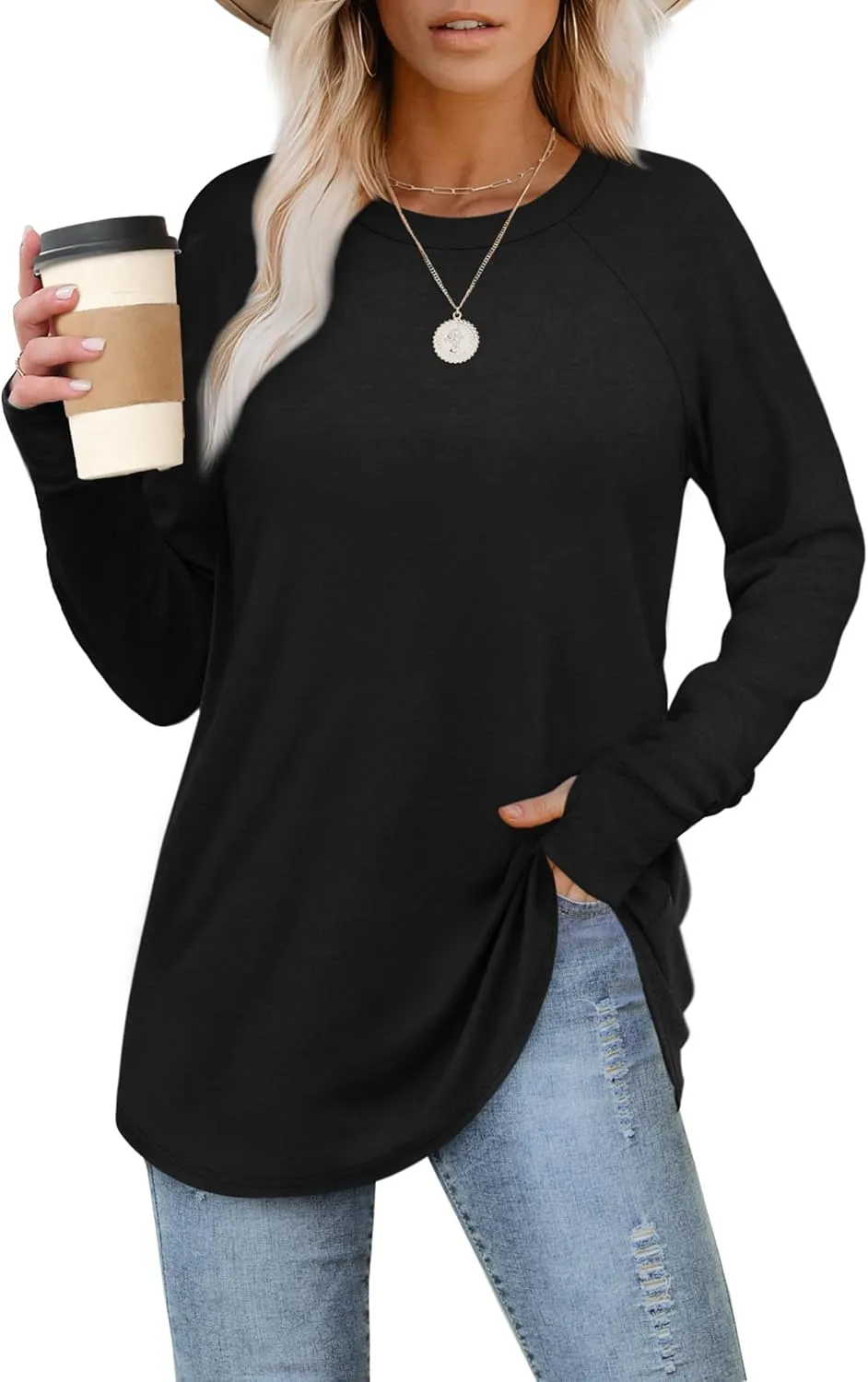 XIEERDUO Womens Tunic Tops to Wear with Leggings Long Sleeve Thumb Hole Shirts Crew Neck Curved Hem