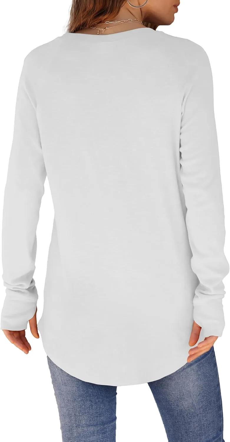 XIEERDUO Womens Tunic Tops to Wear with Leggings Long Sleeve Thumb Hole Shirts Crew Neck Curved Hem