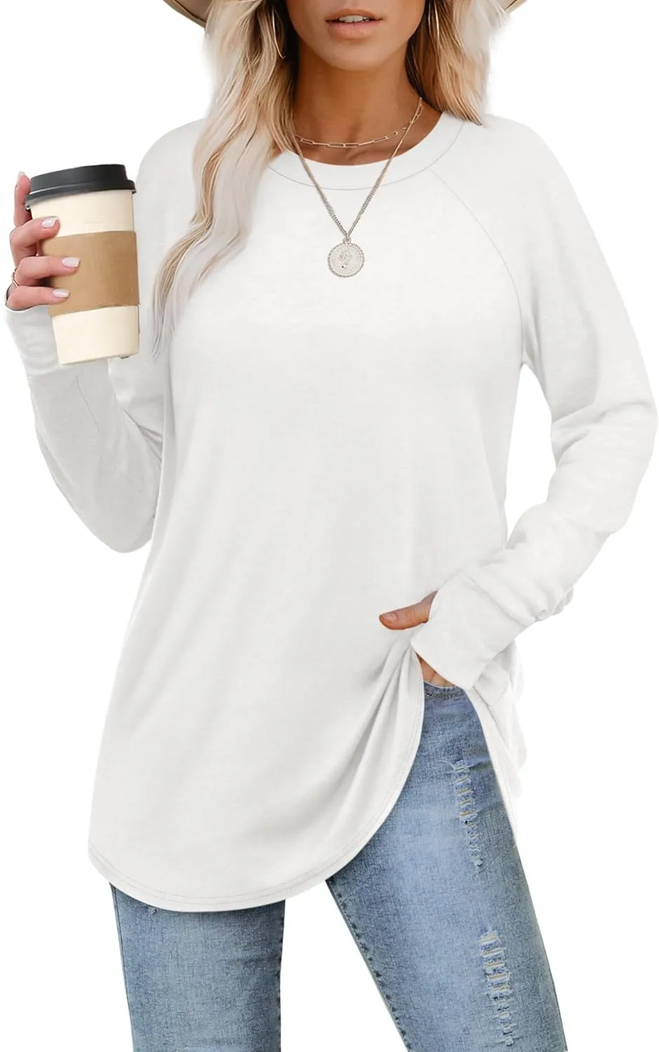 XIEERDUO Womens Tunic Tops to Wear with Leggings Long Sleeve Thumb Hole Shirts Crew Neck Curved Hem