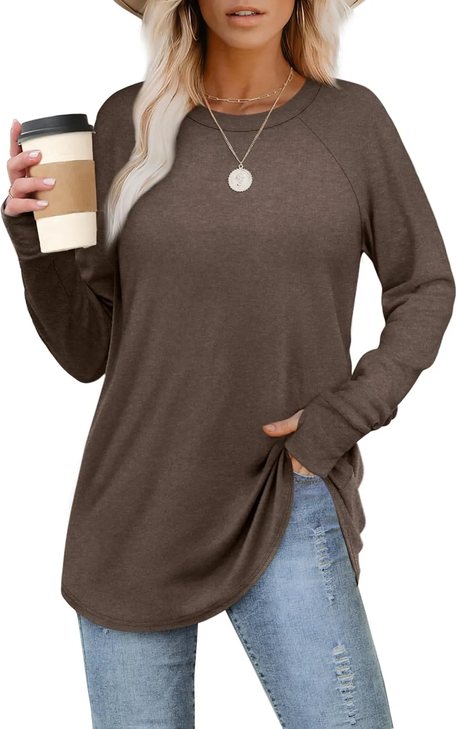 XIEERDUO Womens Tunic Tops to Wear with Leggings Long Sleeve Thumb Hole Shirts Crew Neck Curved Hem