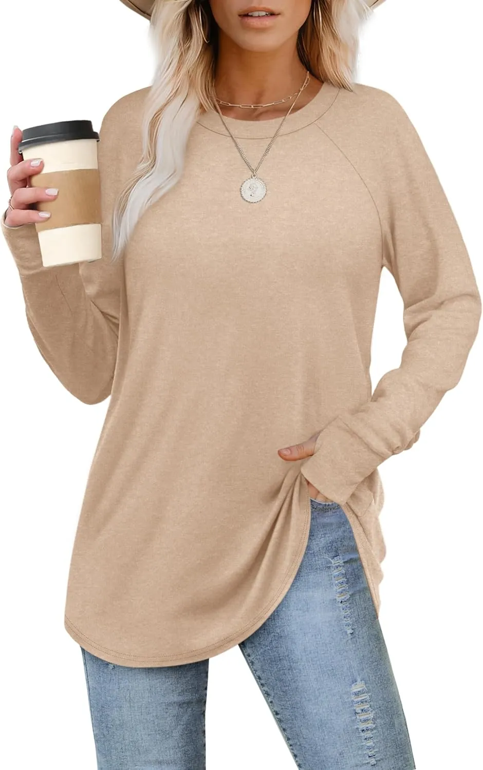 XIEERDUO Womens Tunic Tops to Wear with Leggings Long Sleeve Thumb Hole Shirts Crew Neck Curved Hem