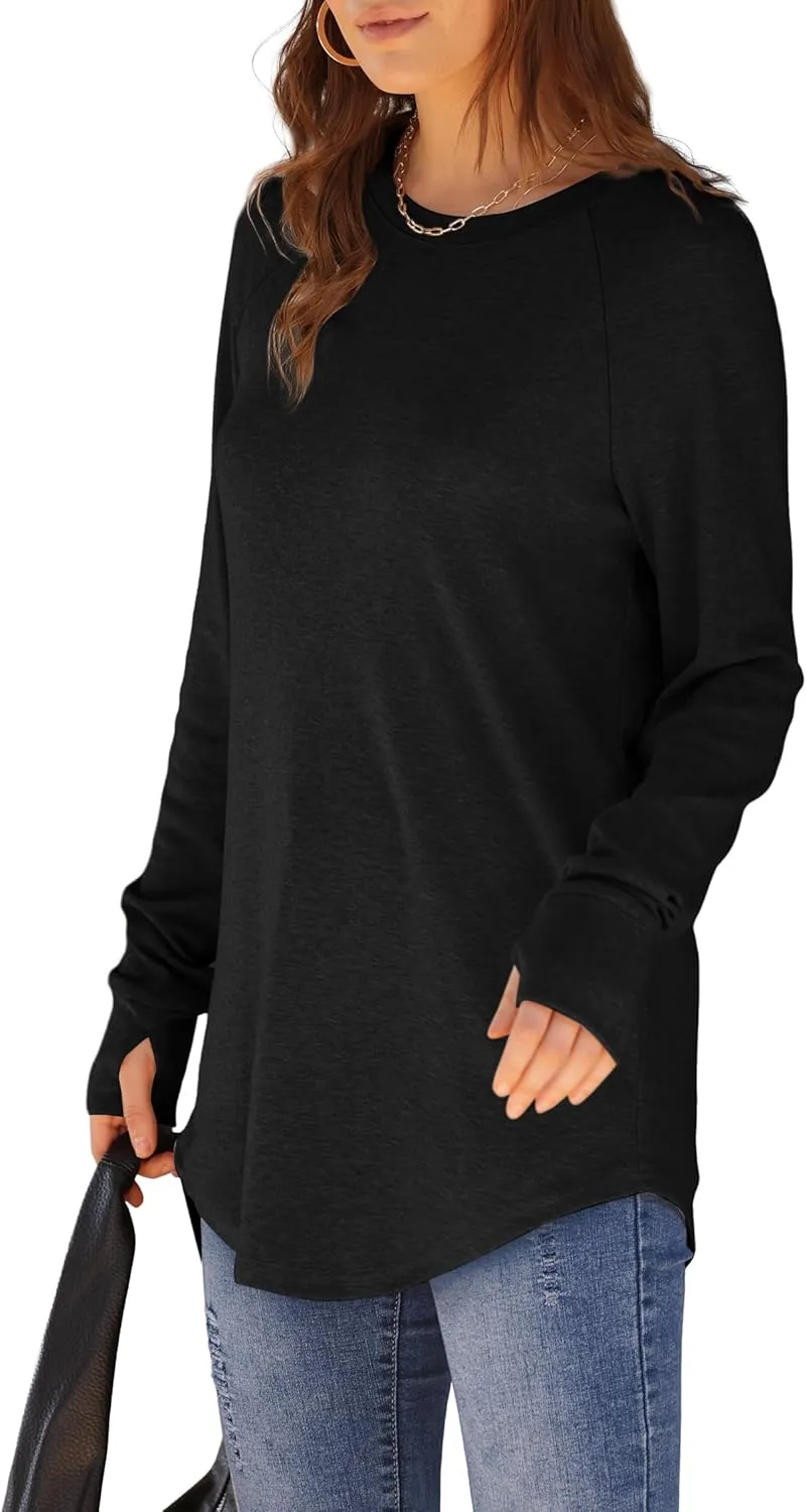 XIEERDUO Womens Tunic Tops to Wear with Leggings Long Sleeve Thumb Hole Shirts Crew Neck Curved Hem