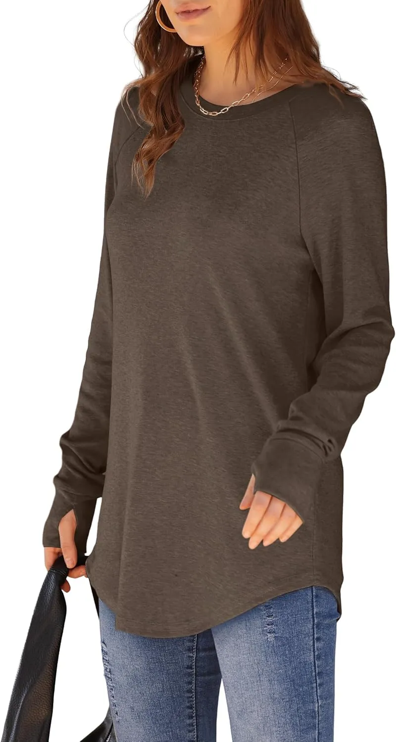 XIEERDUO Womens Tunic Tops to Wear with Leggings Long Sleeve Thumb Hole Shirts Crew Neck Curved Hem