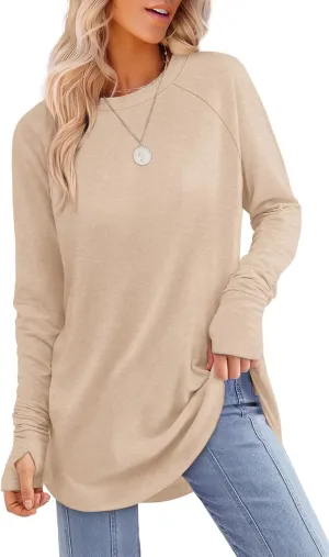 XIEERDUO Womens Tunic Tops to Wear with Leggings Long Sleeve Thumb Hole Shirts Crew Neck Curved Hem