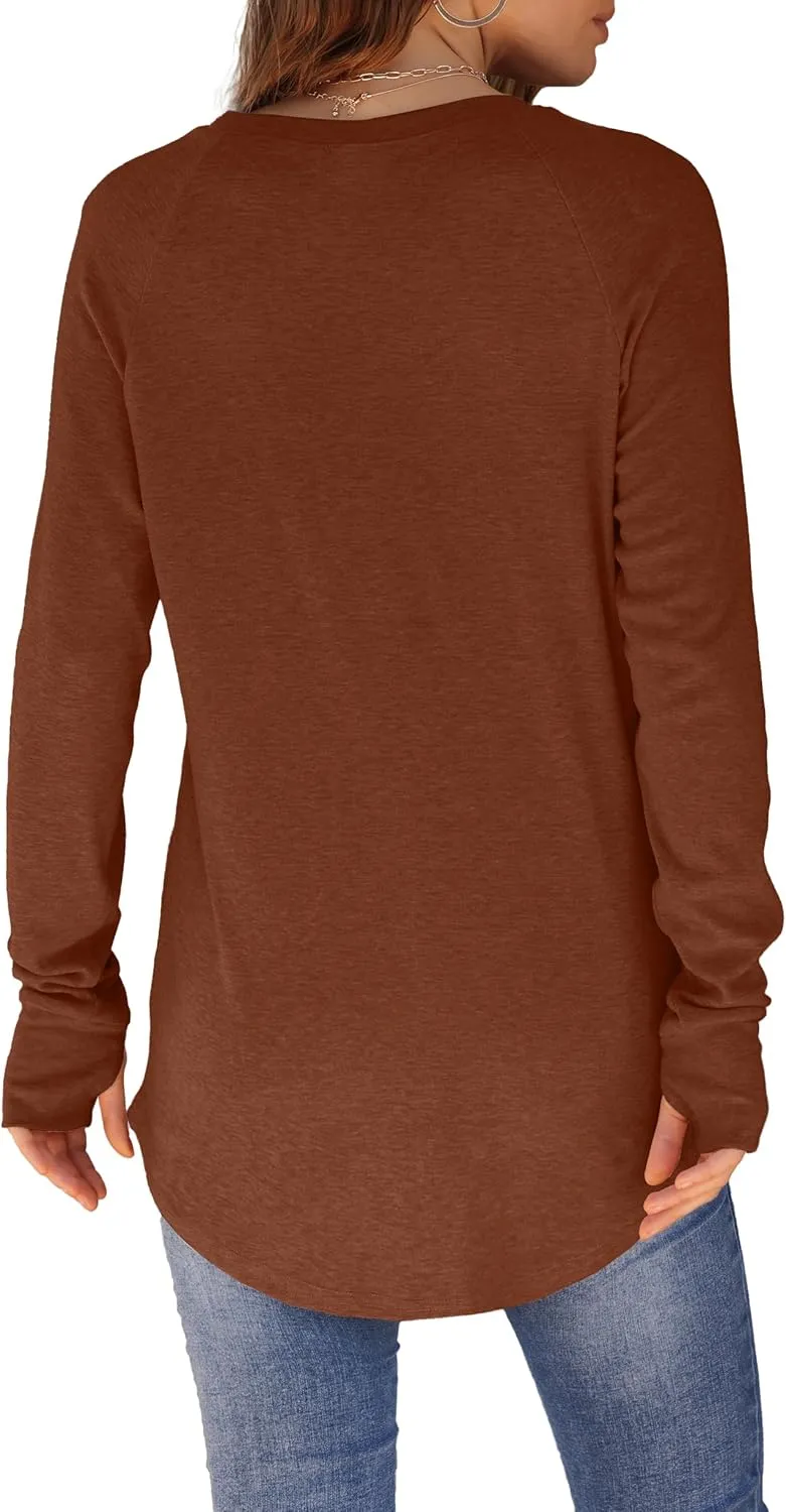 XIEERDUO Womens Tunic Tops to Wear with Leggings Long Sleeve Thumb Hole Shirts Crew Neck Curved Hem