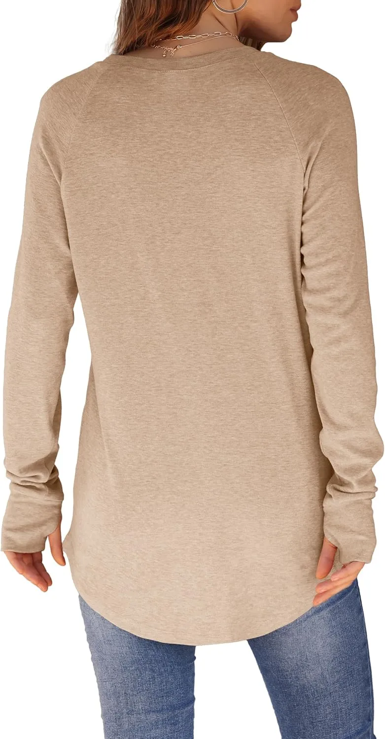 XIEERDUO Womens Tunic Tops to Wear with Leggings Long Sleeve Thumb Hole Shirts Crew Neck Curved Hem