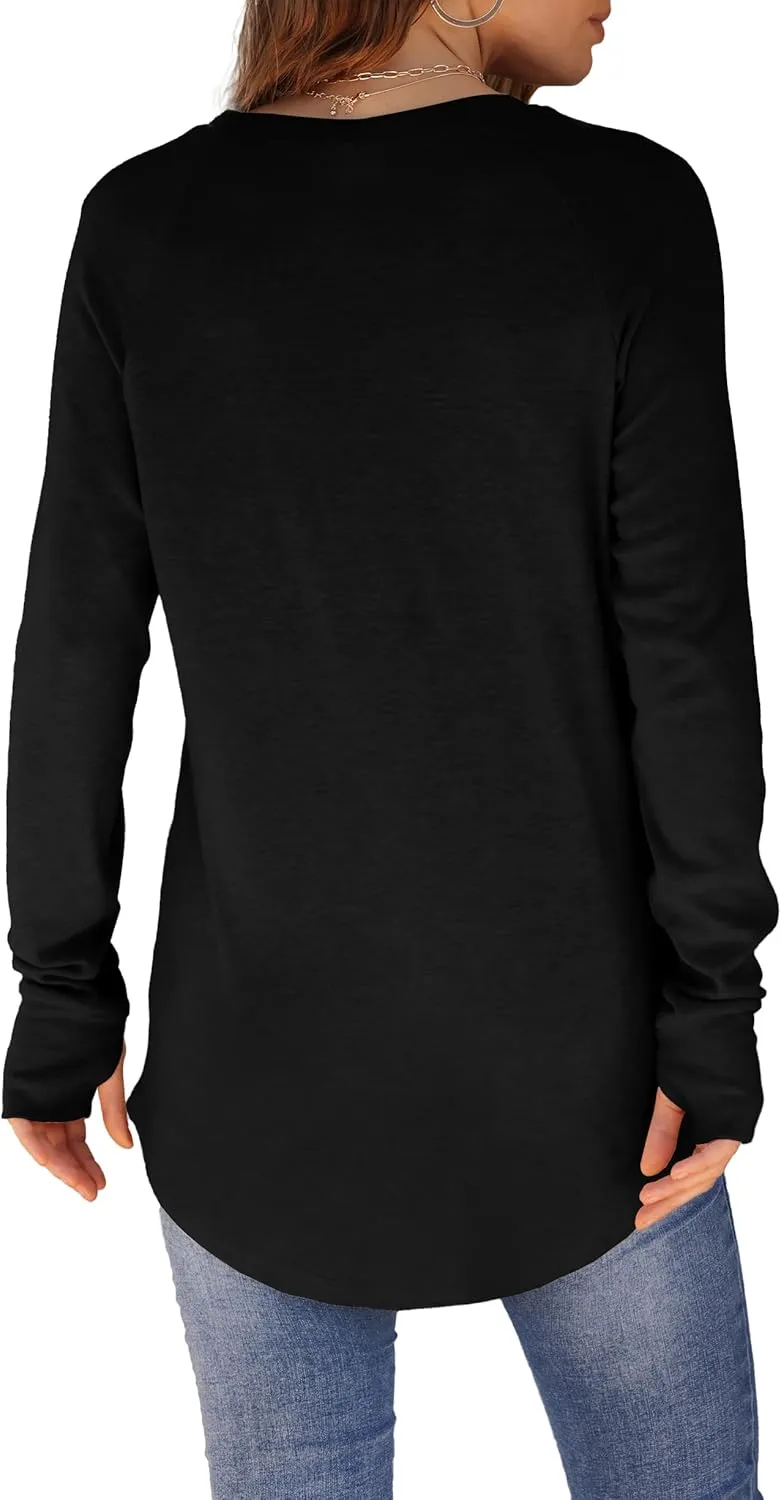 XIEERDUO Womens Tunic Tops to Wear with Leggings Long Sleeve Thumb Hole Shirts Crew Neck Curved Hem