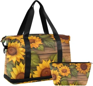 xigua Gym Bag Sunflowers on Wooden Travel Duffel Bag - Sports Gym Bag with Dry Wet Pocket Cosmetic bag & Shoes Compartment for Women and Men