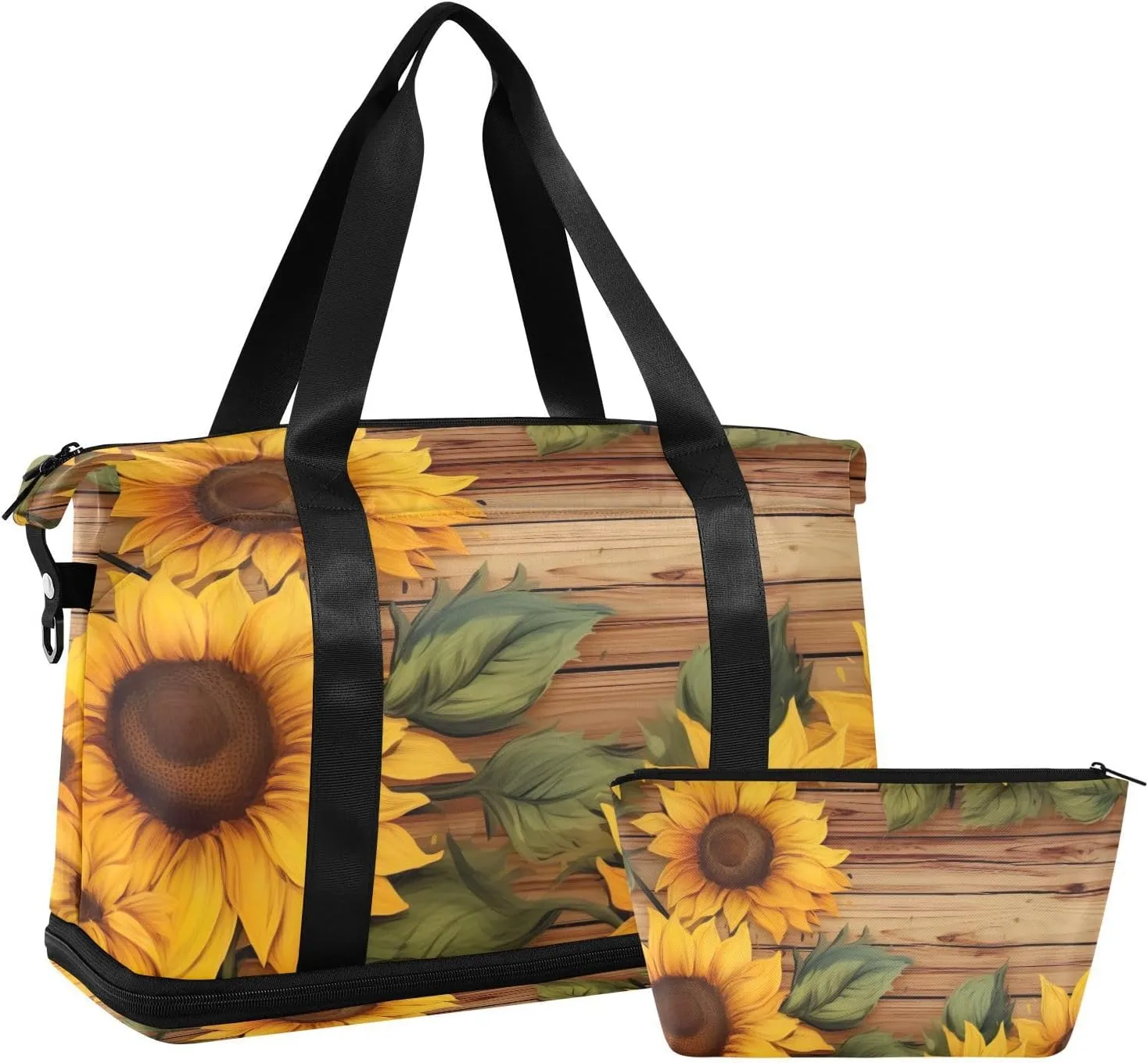 xigua Gym Bag Sunflowers on Wooden Travel Duffel Bag - Sports Gym Bag with Dry Wet Pocket Cosmetic bag & Shoes Compartment for Women and Men