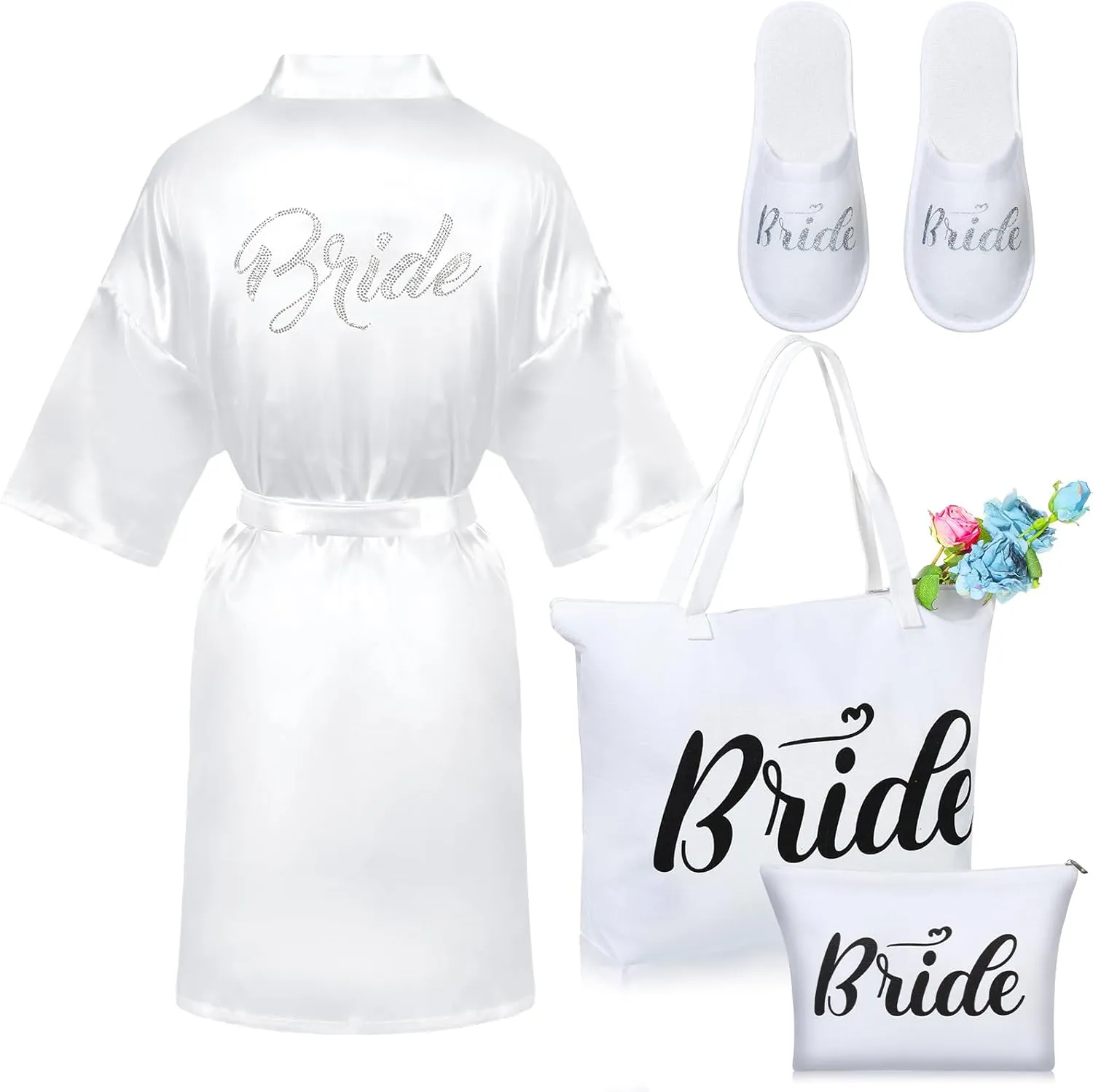 Xtinmee Bridal Shower Gifts Bride Robe with Bride Slippers and Canvas Tote Bag Set Satin Robes for Wedding Day Bridal Slippers Shoulder Makeup Bag for Bachelorette Party Gifts