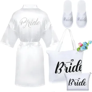 Xtinmee Bridal Shower Gifts Bride Robe with Bride Slippers and Canvas Tote Bag Set Satin Robes for Wedding Day Bridal Slippers Shoulder Makeup Bag for Bachelorette Party Gifts