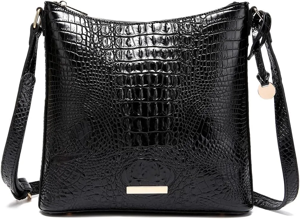 XXGJOALD-Shoulder Crocodile Flat Handbags for Women trendy Ladies Shoulder Bag Embossed Pattern Leather Crossbody Purse