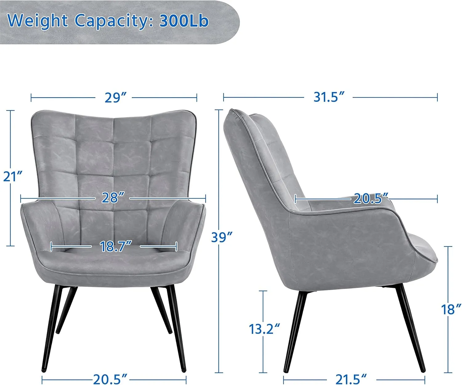 Yaheetech Faux Leather Chair Upholstered Living Room Chairs Accent Armchair with Tapered Legs Tufted Sofa Chairs for Home Office/Dining Room/Bedroom Grey, Set of 2