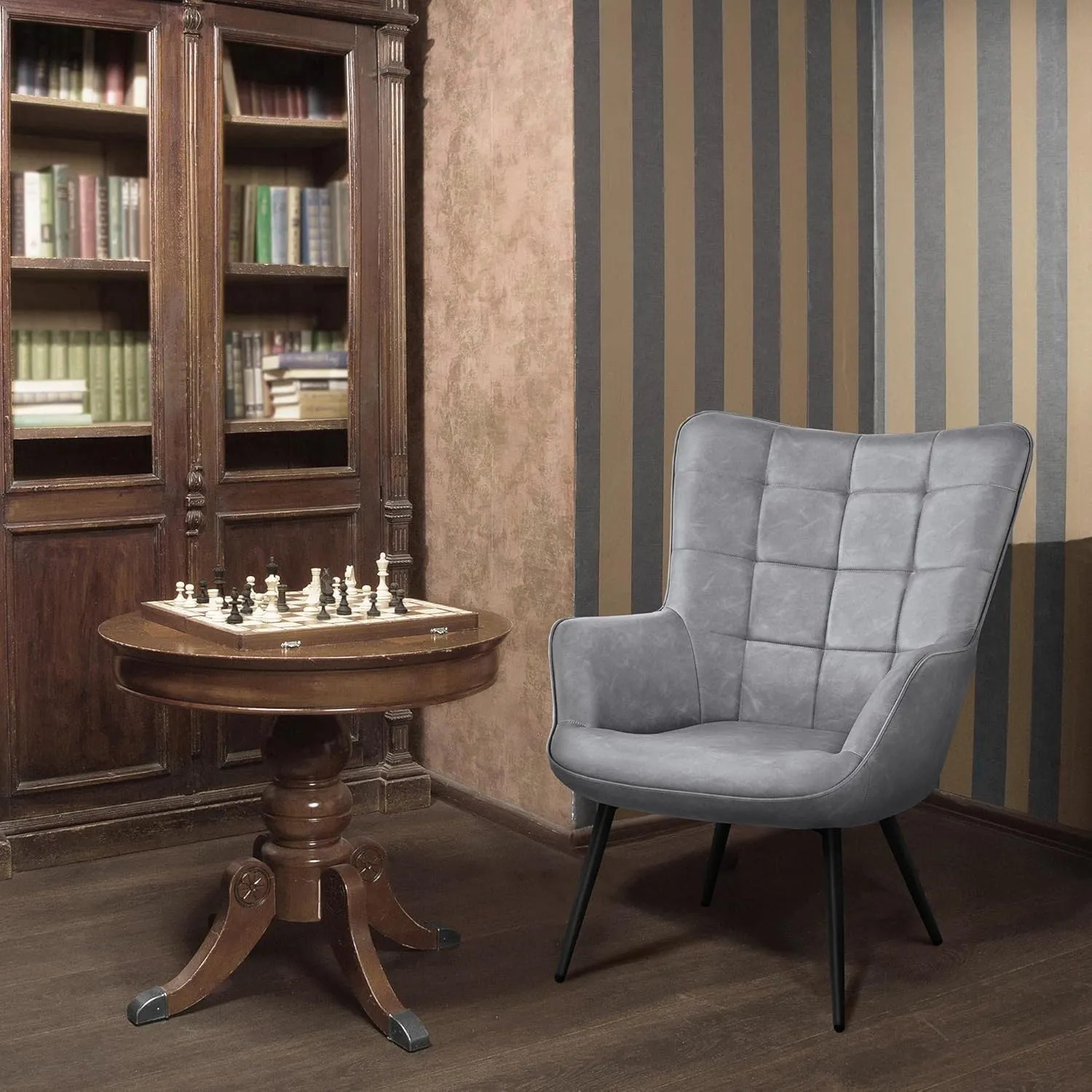 Yaheetech Faux Leather Chair Upholstered Living Room Chairs Accent Armchair with Tapered Legs Tufted Sofa Chairs for Home Office/Dining Room/Bedroom Grey, Set of 2
