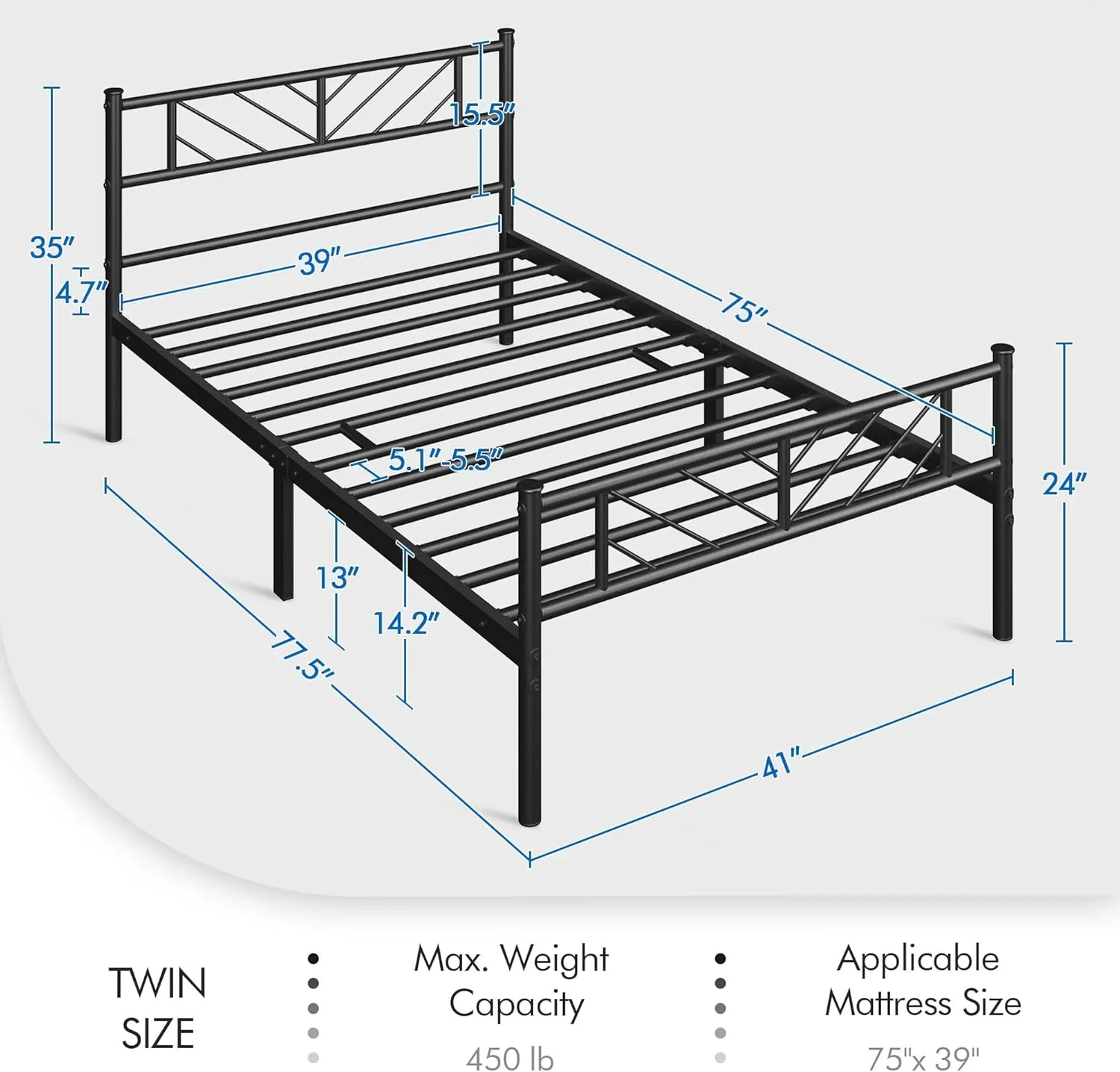 Yaheetech Twin Size Platform Bed Frame with Arrow Design Headboard, 13 Inches Metal Mattress Foundation for Storage, No Box Spring Needed, Easy Assembly, Modern, Black
