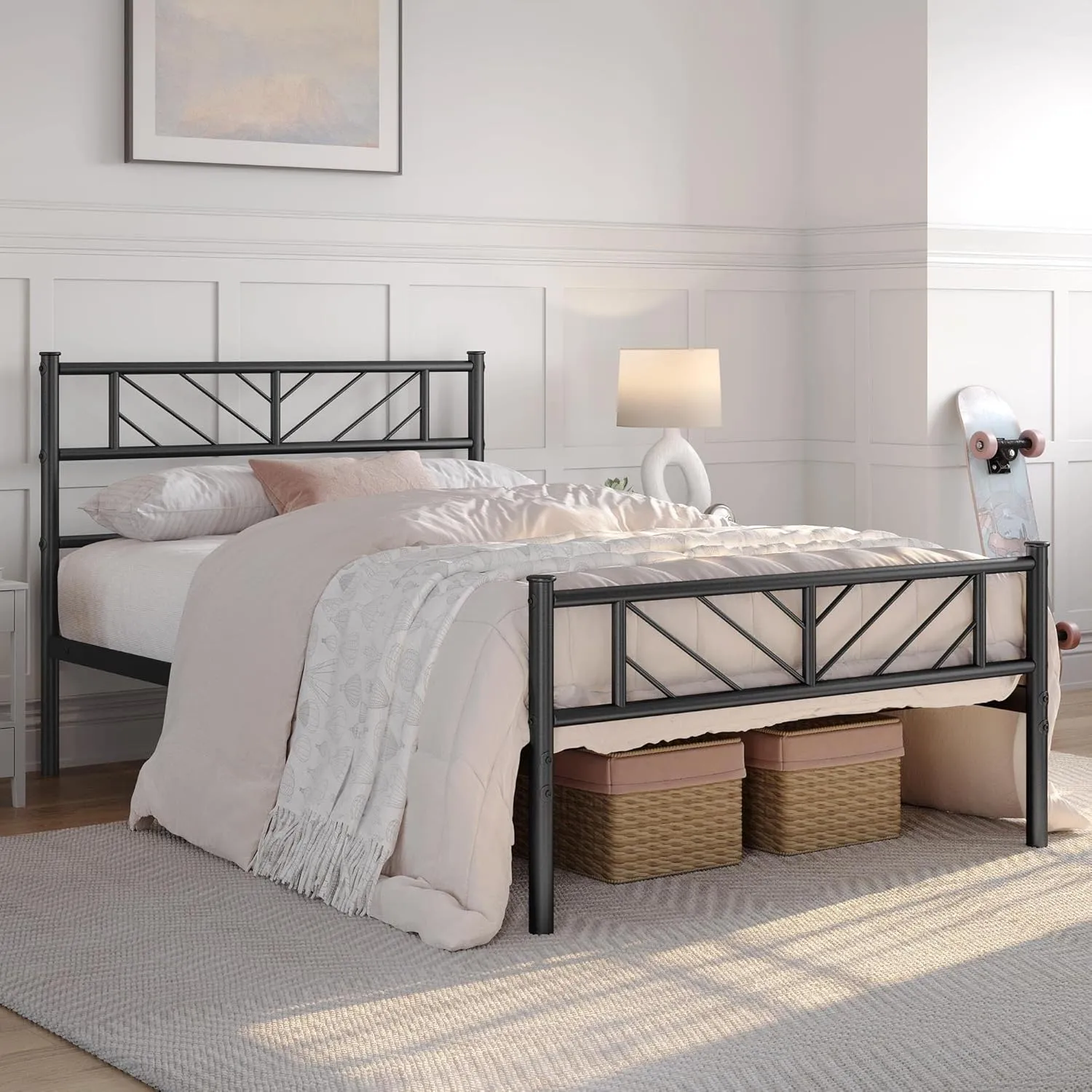Yaheetech Twin Size Platform Bed Frame with Arrow Design Headboard, 13 Inches Metal Mattress Foundation for Storage, No Box Spring Needed, Easy Assembly, Modern, Black