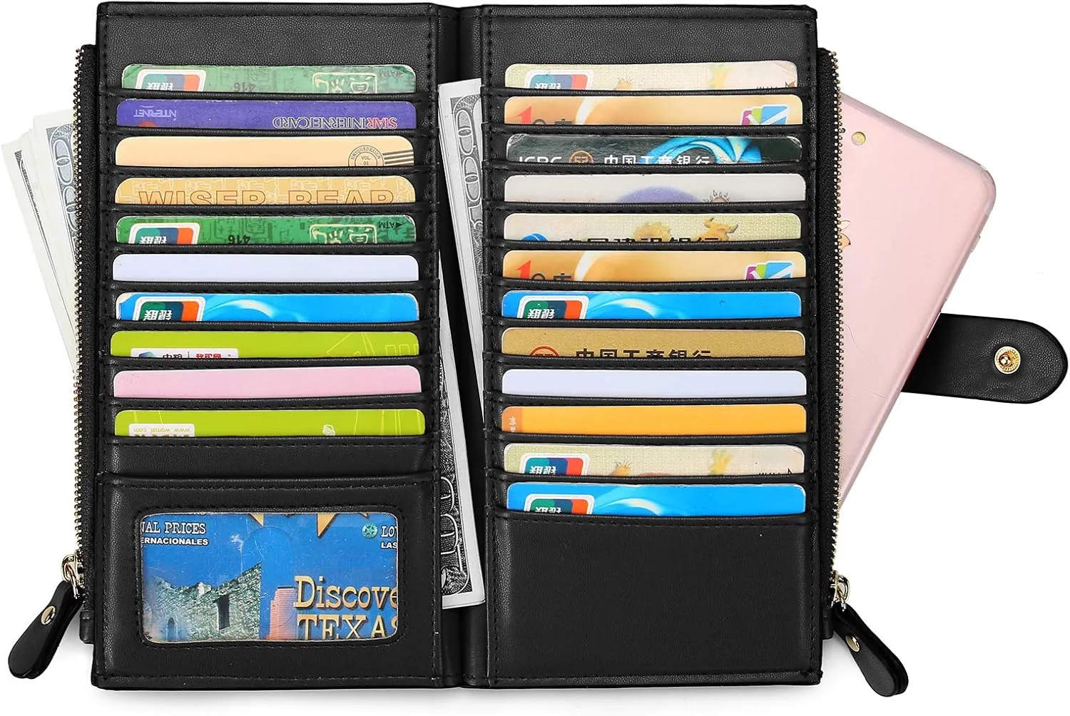 YALUXE Leather Wallets for Women Double Zipper Pockets Phone Holder 22 Card Slots Organizer Billfold with ID Window